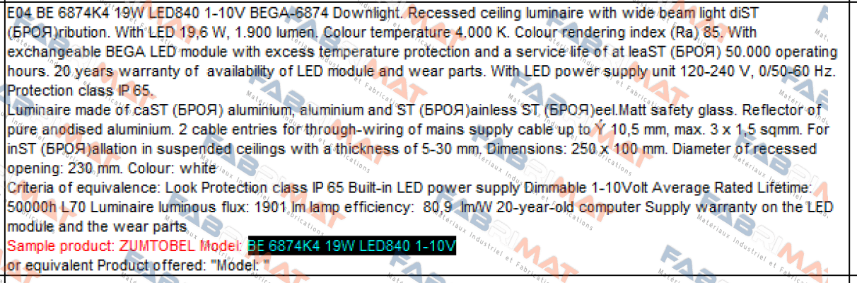 Zumtobel-BE 6874K4 19W LED840 1-10V  price