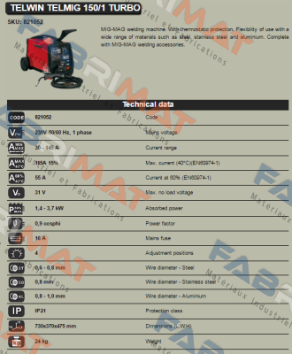 Telwin-Art. Nr.821052, type  TELMIG 150/1 TURBO  price