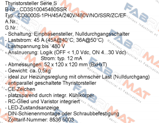 Mesa-CD3S10045480SSR, Type CD3000S-1PH/45A/240V/480V/NO/SSR/ZC/EF  price